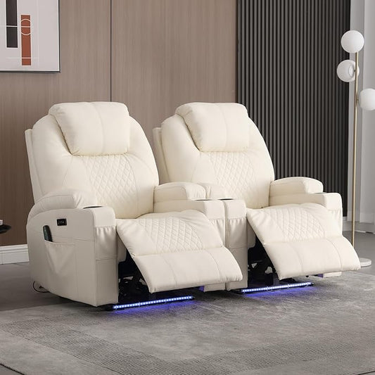 Power Recliner Chair with Heat and Massage, PU Leather Home Theater Seating with LED Lights/Cup Holders/Side Pocket/USB Port, Reclining Sofa Chair for Living Room(2, Beige)