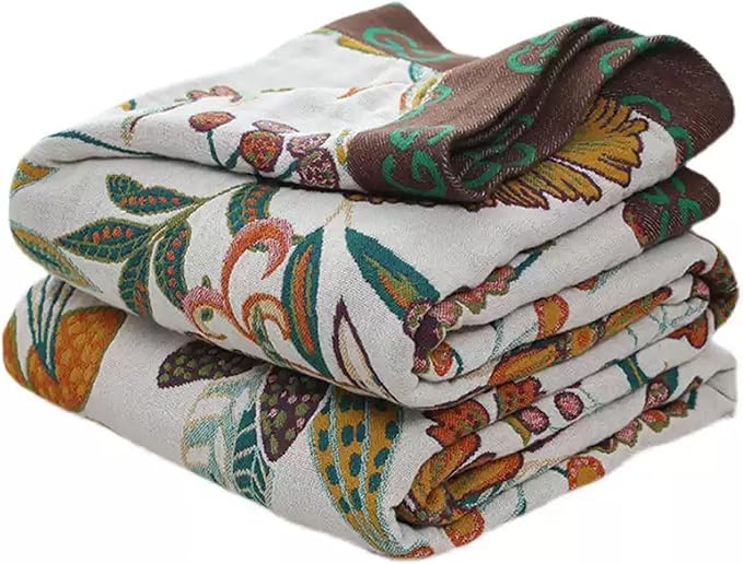 Boho Throw Blanket for Couch Sofa Bed, 100% Cotton Woven Quilt with Tassel 80”x90”, Super Soft Muslin Blanket with Floral Printed, Decorative Reversible Bed Blanket/Cover for All Seasons