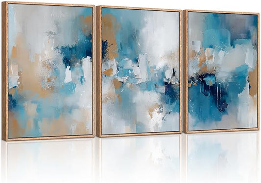 HLNIUC Large Blue Abstract Framed Canvas Wall Art,Blue and Brown Brush Strokes Wall Decor Set of 3(16”x24”)Neutral Modern Wall Painting,Watercolor Minimalist Abstract Art Print for Living Room,Bedroom