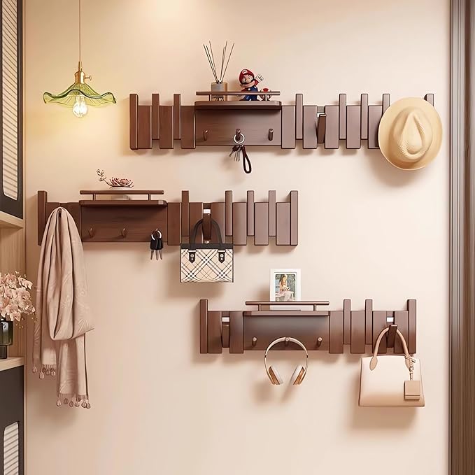 Wall Mounted Piano Key Hanger | Flip Style Hook | Entrance Wall Art Hook, Made of Oak Wood (3 Times Painted, 4 Times Polished) (Fence Beech, 12Hooks)