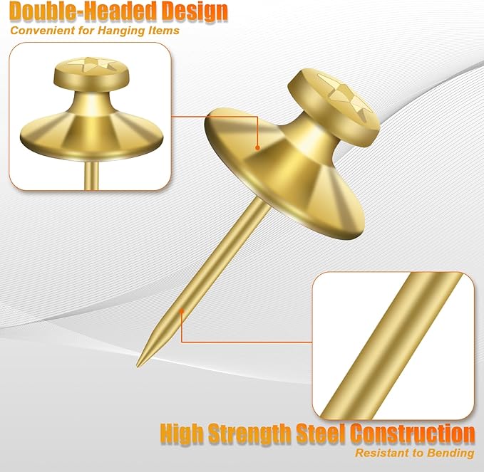 KURUI 60-Pack Metal Push Pins for Wall Hanging Decor, Renter Friendly Hooks for Bedroom Office Gallery Dorm Home, Double Headed Thumb Tacks for Tapestry/Canvas/ Picture Frame/Art, Gold Picture Hangers