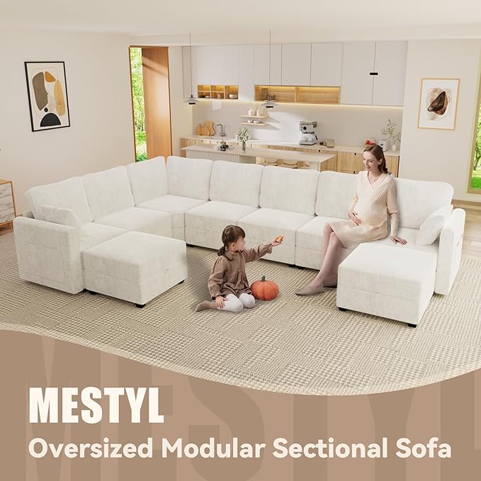 mestyl Modular Sectional Sofa Convertible U Shaped Sofa Couch Set with Storage for Living Room, Modern 4 Seater Modular Sectional Couch with 2 Movable Ottoman (Beige)