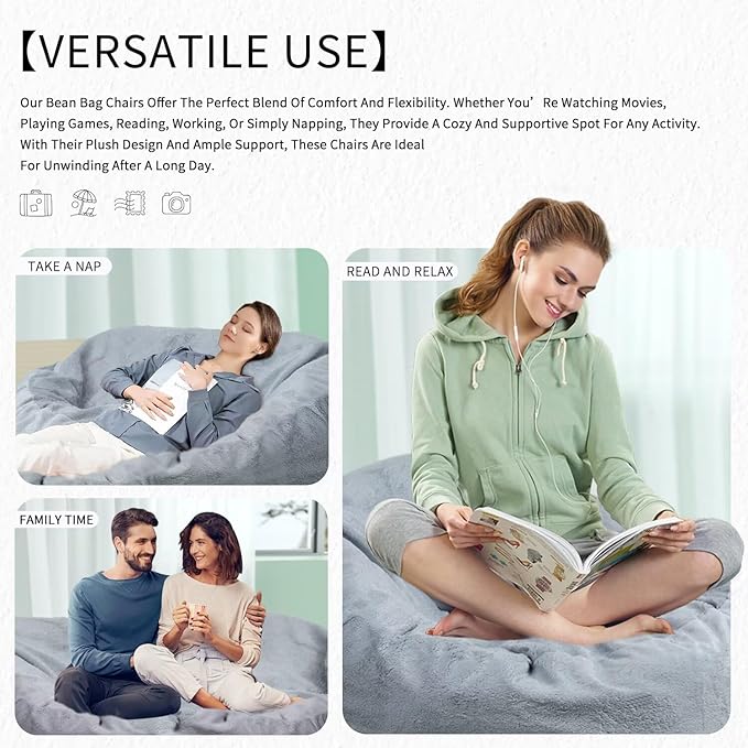Bean Bag Chair for Adults 6FT,Soft Removable Cover for Teens/Girls Bedroom,Fluffy Giant Round Floor Beanbag Lounger Chairs (No Filler,Light Gray)