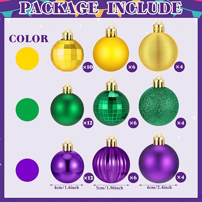 64 Pcs Mardi Gras Christmas Ornaments Glitter Purple Yellow Green Ball Ornament 1.6/1.97/2.4 Inch Assorted Size Plastic Carnival Bulbs Mardi Gras Decoration for Tree Home Indoor Party