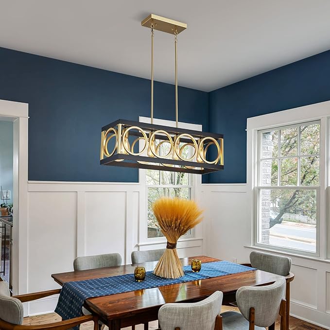 XINGQI Modern Rectangle Chandelier, Farmhouse Kitchen Island Lighting Rustic Industrial Hanging Light Fixture 4-Light Metal Linear Pendant for Dining Room Living Room Hallway, Black and Gold