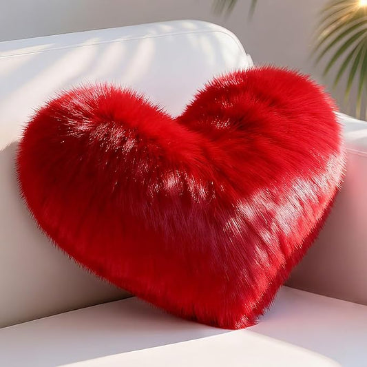 Red Heart Pillow, Faux Fox Fur Heart Decorative Pillows, Heart Shaped Throw Pillow for Bed, Soft Fluffy Decorative Cushion for Chair Sofa Living Room - Plush Pillow Home Decor