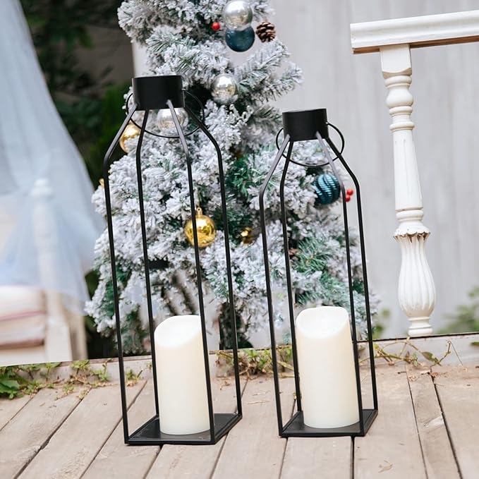 HPC Decor 22'' 19'' Lanterns Decorative w/ Flickering Timer Candles- Large Tall Black Metal Candle Lanterns Set of 2- Modern Farmhouse Decor for Indoor,Outdoor,Tabletop,Porch (No Glass)