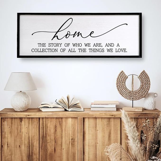 Home The Story of Who We Are Sign Farmhouse Family Wall Decor 32x12 Inch Plaque Wood Framed Art for Hanging (Black)