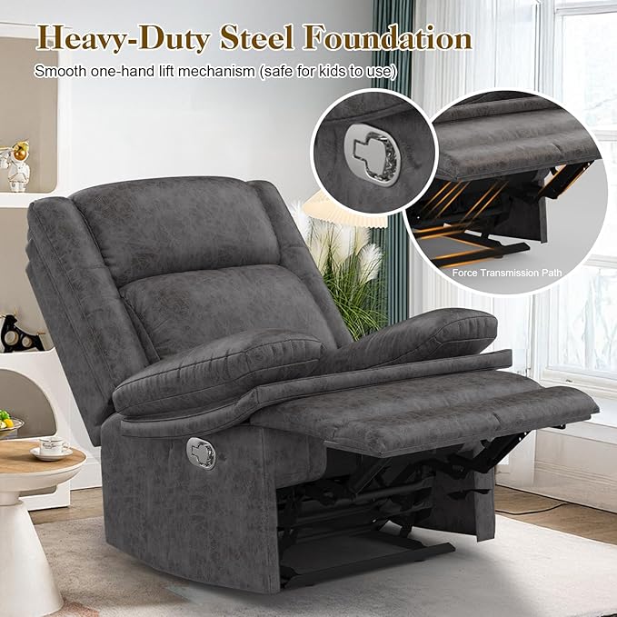 Recliner Chair for Adults, Oversized Manual Pull Tab Reclining Chair, 2-Tier Cushions, Minimalist Style Single Sofa for Living Room, RV (Polished Microfiber)