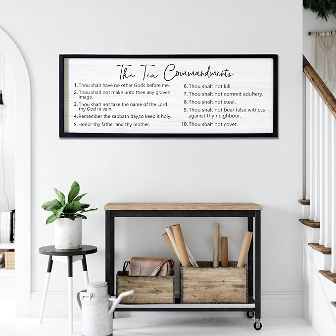 The Ten Commandments Rustic Bible Verse Framed Wall Art, 40''×15'' Positive Religious Christian Saying Sign for God Jesus Christ Prayer, Vintage Horizontal Holy Inspirational Catholic Scripture Decor