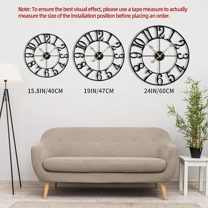 LEIKE Large Wall Clock, 16" Silent Non-Ticking, Battery Operated, Oversized, Decorative Retro Black Metal Clock for Living Room,Farmhouse, Dinner Room,Indoor, Outdoor Decor(40cm, Black Arabic Number)