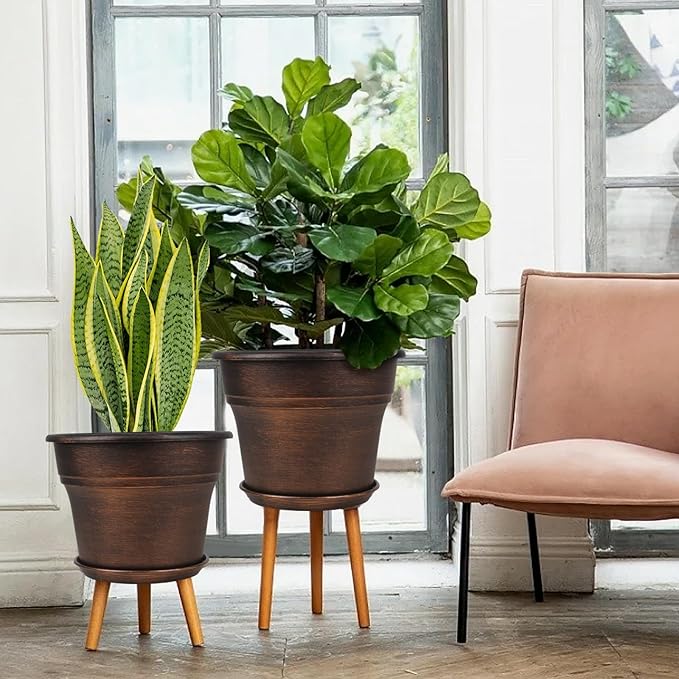 Plant Planters Pots Set of 4 Pack 16 Inch，Large Plastic Flower Pot for Indoor Plants with Drainage Holes & Trays, Resin Decorative Container Sets with Saucer for House Outdoor Garden Plant Copper