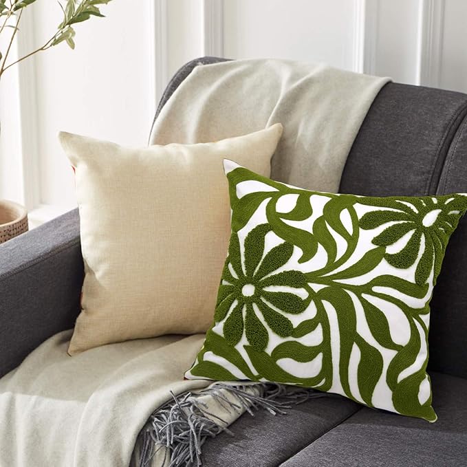 Alysheer Farmhouse Floral Leaves Embroidered Decorative Throw Pillow Cover 18x18 inches, Boho Tufted Flowers Embroidery Pattern Chic Cotton Cushion Case for Couch Bed Sofa Living Room(Olive Green)