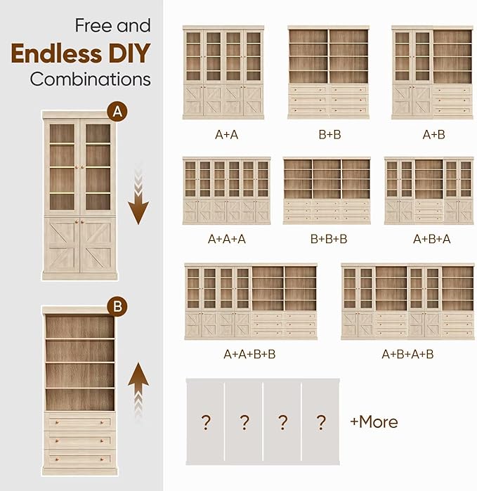 Vyre 71" Tall Farmhouse Bookshelves with Glass Doors, Set of 3 – Large Modular Bookcase with Adjustable Shelves, Storage Cabinet for Living Room, Kitchen, Home Office, Brown