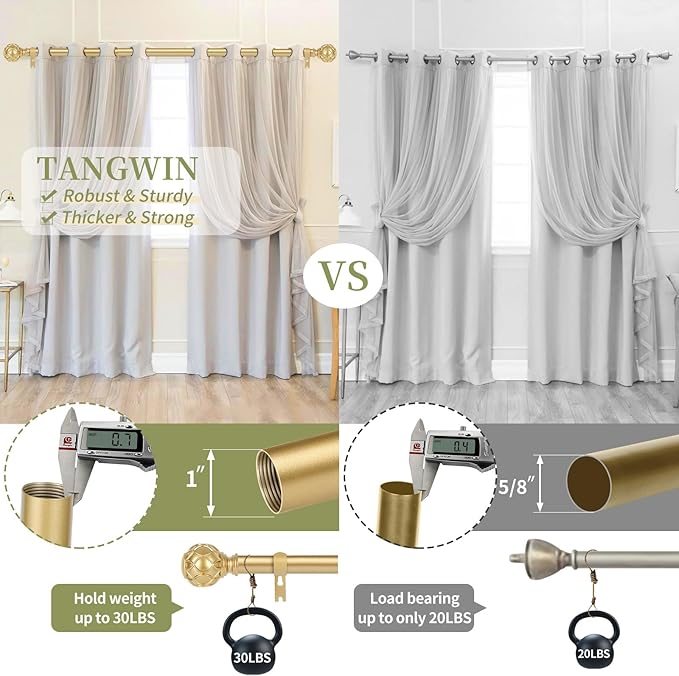 Gold Adjustable Curtain Rods for Windows:72-144 Inch Farmhouse Heavy Duty Long Curtain Rod for Bedroom Living Room,Boho Decorative Rustic Drapery Rods with Vintage Coastal Finials,Brass Gold