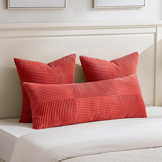 Fancy Homi 2 Packs Red Decorative Throw Pillow Covers 22x22 Inch for Living Room Couch Bed Sofa, Holiday Christmas Home Decor Gift, Soft Corss Corduroy Patchwork Accent Square Cushion Case 55x55 cm
