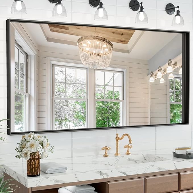 60x36 Inch Black Bathroom Mirrors for Over Sink, Large Rectangular Framed Mirror, Matte Modern Vanity Mirrors, Wall Mirrors for Bathroom, Tempered Glass, (Horizontal/Vertical)