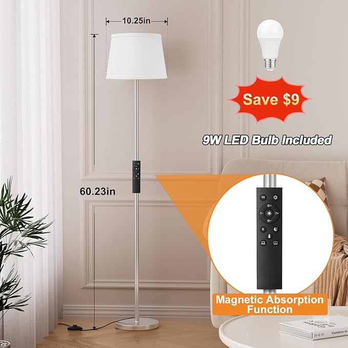 【Upgraded】Floor Lamps for Living Room, Modern Floor Lamp with Remote Control, Dimmable Colors Temperature Standing Lamp Foot Switch, 9W Bulb Tall Lamps for Bedroom Office Kid Room - Silver