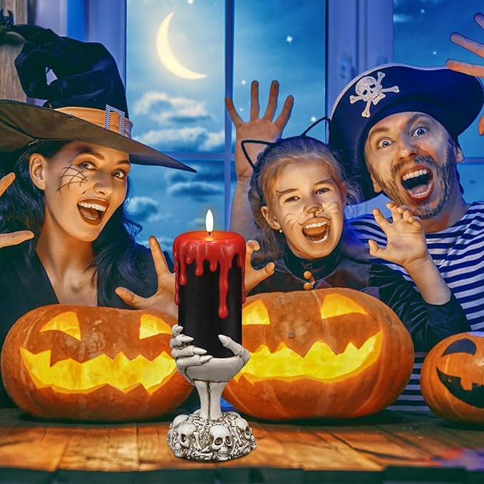 Wondise Halloween Flameless Candles with Ghost Hand, Battery Operated LED Black Candles with 6hrs Timer, Real Wax Pillar Candles with Flickering 3D Wick for Halloween Home Theme Party Decor