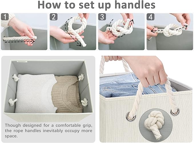 StorageWorks Storage Bins with Lids, Decorative Storage Boxes with Lid and Soft Rope Handles, Foldable Storage Baskets for Closet, Shelves, Stackable, Ivory and White, Jumbo, 3-Pack