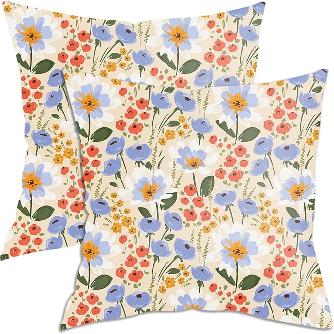 2 Pack Retro Cute Wildflowers Decor Throw Pillow Covers, 18x18 Pillow Cover, Decorative Couch Pillow Covers Flower Decor Pillowcase for Sofa Cushion Sofa Home Bedroom Bed Car Seat Living Room