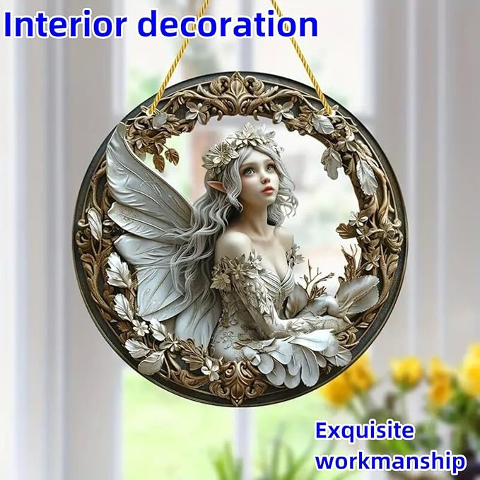 Flower Fairy Garden Decorations Angel Wing Christmas Halloween Deco Statue Art Elf Sculpture Hanging Craft for Outdoor Yard Courtyard Lawn Patio Window Acrylic Ornament Home Gift (D,S: 6*6 IN)