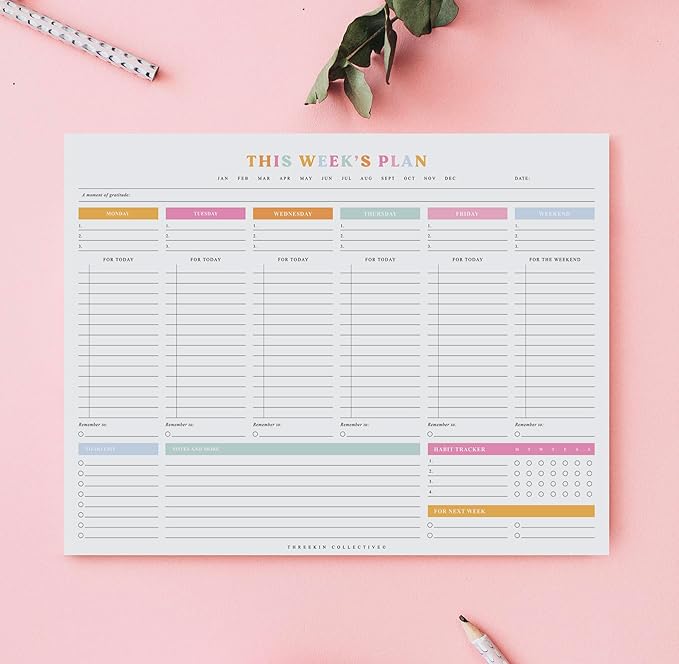 ThreeKin Weekly Planner - Premium 52-Sheet Tear-Off Notepad, 8.5 x 11 inches, Clean Colorful Design, Perfect for Work, School, Projects, and Entrepreneurs, Female & USA Owned Business