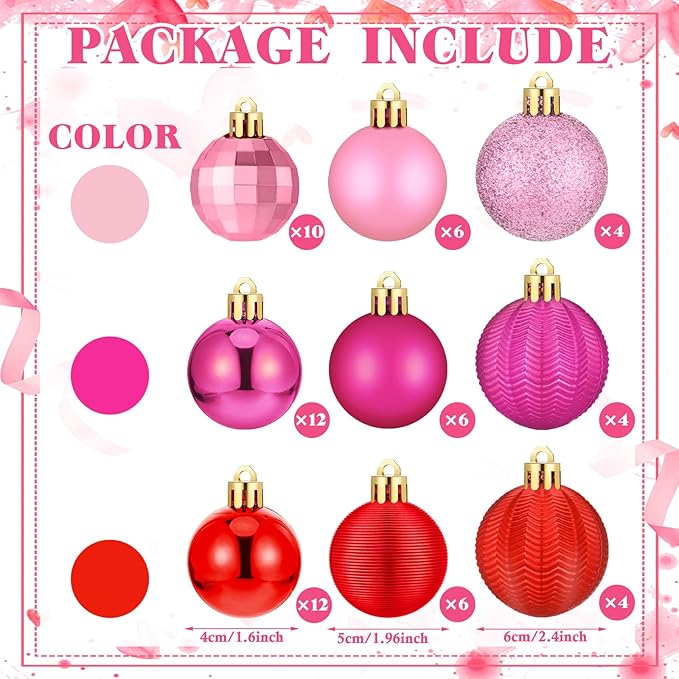64 Pcs Christmas Ball Ornaments Glitter Red Hot Pink Ornament for Christmas Tree 1.6/1.97/2.4 Inch Shatterproof Assorted Size Xmas Baubles for Home Tree Holiday Party Supplies