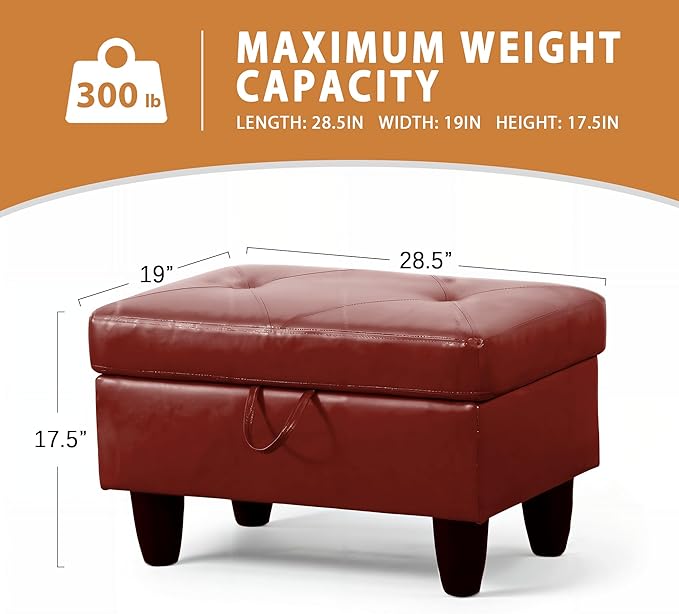 Ottoman Rectangular Storage Ottoman Bench, Faux Leather Footrest, Coffee Table, Stool Footstool with Hinged Lid for Living Room, Bedroom, Entryway, Red, 28.5"x19"x17.5"