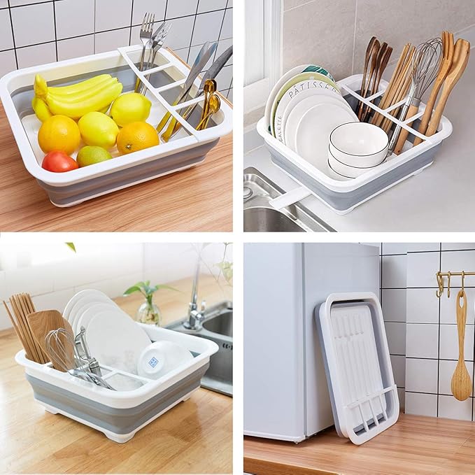 THANSTAR Collapsible Dish Drying Rack Portable Dinnerware Drainer Organizer for Kitchen RV Campers Travel Trailer Space Saving Kitchen Storage Tray