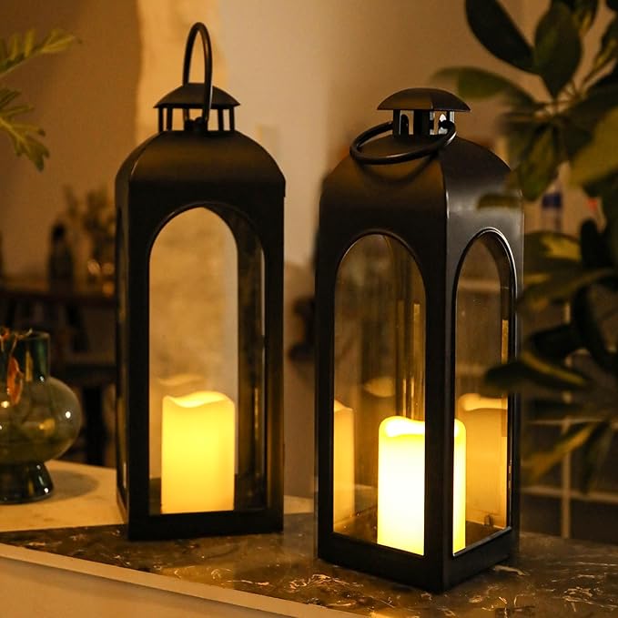 Bdor 2 Pack 20 Inches Metal and Tempered Glass Decorative Lantern with Electronic Wax Effect - Indoor/Outdoor Decorative Lighting, Handcrafted Aesthetic, Perfect for Home, Parties, and Holiday Decor