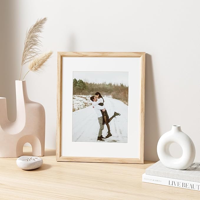 11x14 Picture Frame Set of 4 Natural Solid Oak Photo Frames with 8x10 Removable Mat Wall Hanging Large Handcrafted Frame with HD Plexiglass Wall and Tabletop Display Large Poster Frame