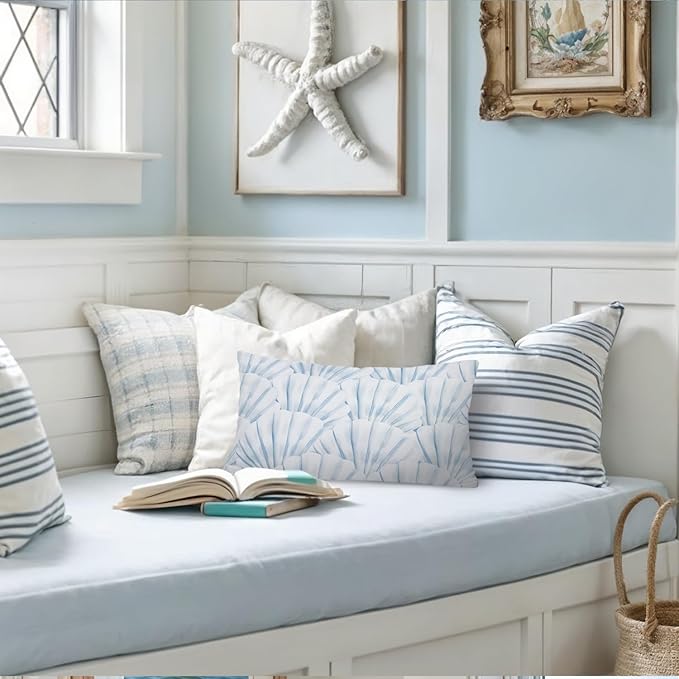 Coastal Beach Room Decor 12x20 Pillow Cover, Blue Seashell Ocean Coastal Beachy Decorative Lumbar Pillow Covers for Bedroom Living Room Home Sofa Couch