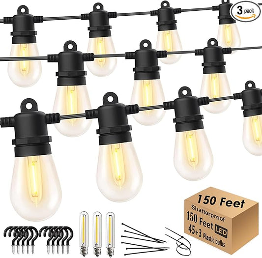 Outdoor String Lights Waterproof 150FT Patio Lights with Shatterproof 2700K Plastic Bulbs String Lights for Outside Bistro Gazebo Pergola Café Market Lights, 3-Pack