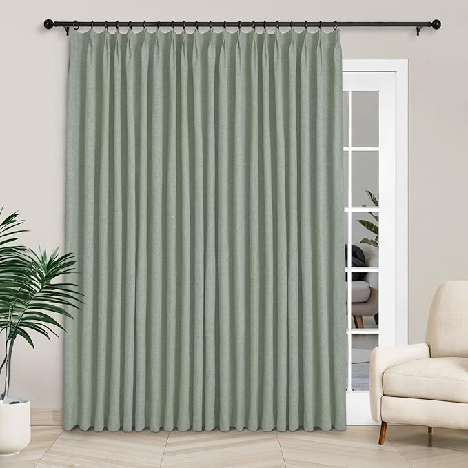 Macochico 100”Wx96”L Pinch Pleated 100% Blackout Linen Curtains Thermal Sliding Curtains for Bedroom Living Room Sliding Glass Door Farmhouse Shabby Chic Fog Green Drapery with Tieback 1 Panel