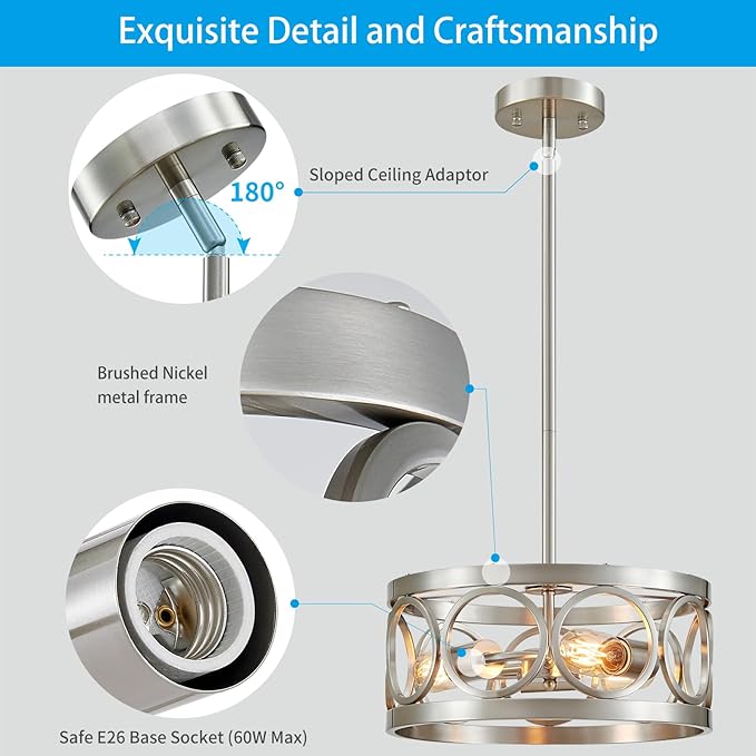 XINGQI Nickel Ceiling Light Adjustable Height Pendant Lighting Fixture 3-Light Metal Lamp 13" Rustic Round Lights for Dining Room Kitchen Bedroom Foyer Hallway