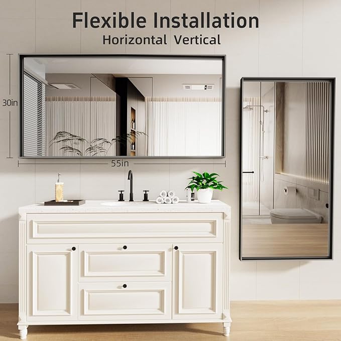 55”x 30” Blak Bathroom Mirrors for Over Sink, Black Framed Vanity Mirror for Bathroom, Shatter Proof, Tempered Glass, Rectangle Wall Mirror Horizontally/Vertically