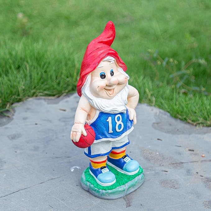 Outdoor Garden Sculpture Sports Garden Gnome with Basketball, 9.5 Inch Decorative Resin Statue, Red and Blue Jersey, Indoor Outdoor Decor A for Basketball Enthusiasts