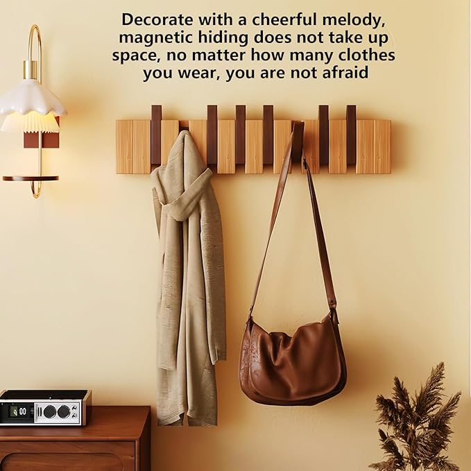 Wall Mounted Piano Key Hanger | Flip Style Hook | Entrance Wall Art Hook, Made of Oak Wood (3 Times Painted, 4 Times Polished) (Walnut-Beech, 6Hooks)