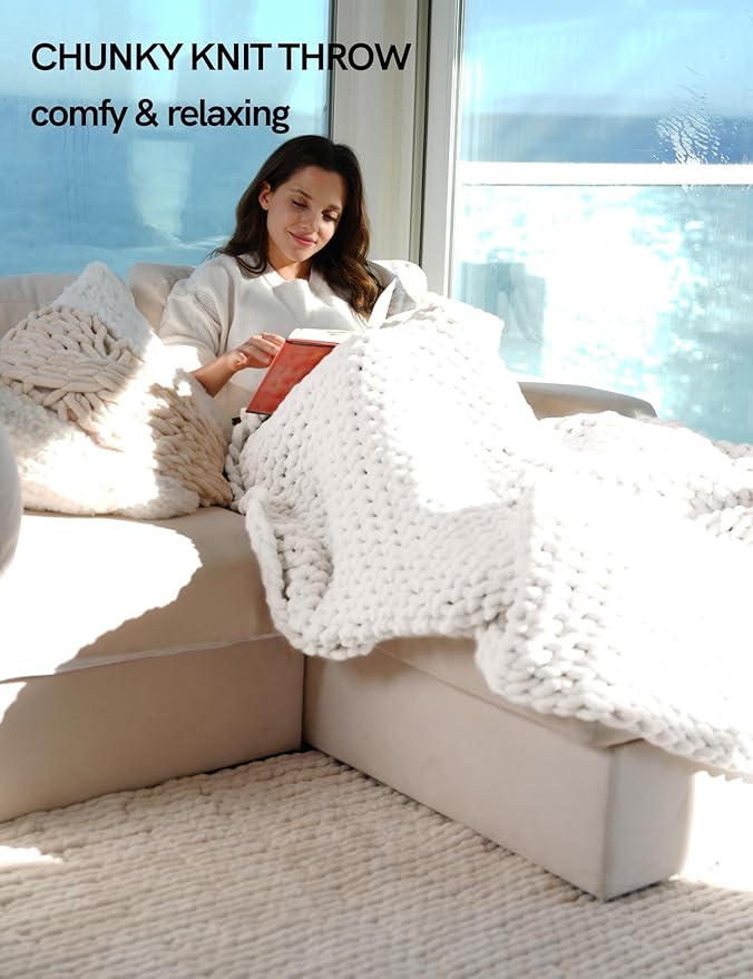 YnM Chunky Throw Blanket, Medium-Weight, Hand Knitted with Chenielle Yarn, Skin Friendly, Ventilated and Breathable, Machine Washable, Home Décor Piece for Couch, Sofa and Bed (White, 40x50 Inch)