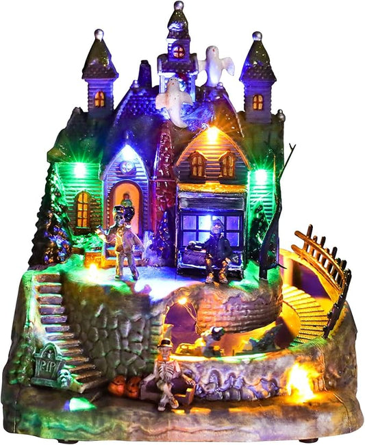DREAM GARDEN Halloween Village Collection, Lighted Spooky Haunted House with Animated Train and Scary Sound Resin Spooky Town with Skull, Pumpkin, Ghost for Holiday Party Tabletop Decor