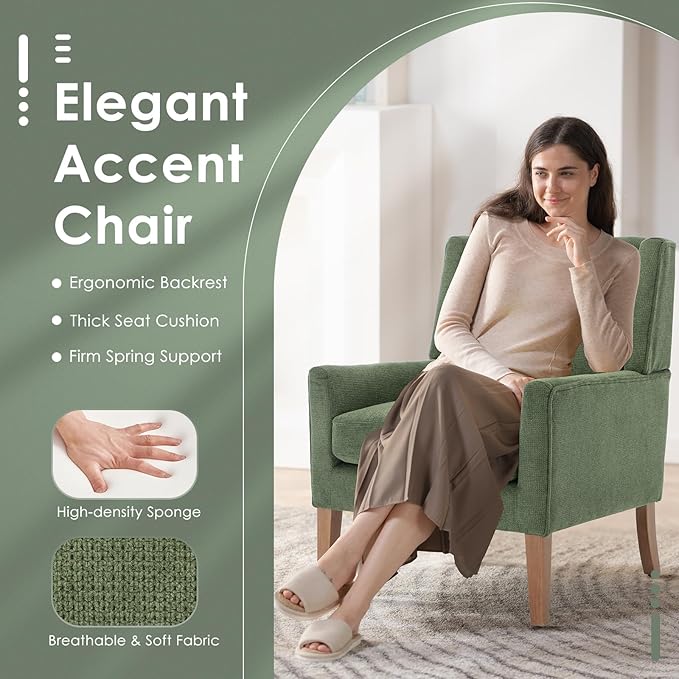 COLAMY Modern Wingback Living Room Chair Set of 2, Upholstered Fabric Accent Armchair, Single Sofa Chair with Lounge Seat and Wood Legs for Bedroom/Office/Reading Spaces, Green