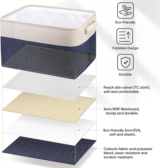 BALEINE 2 Pack Fabric Storage Bins for Shelves, Linen Storage Baskets for Organizing, Decorative Closet Bins for Clothes, Home (Navy Blue, 12"x8"x8")