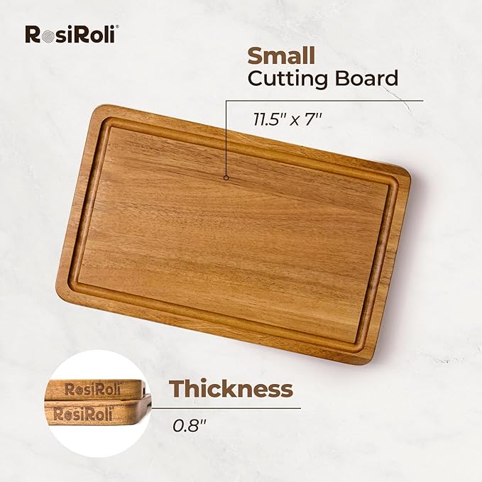 Acacia Wood Cutting Board for Kitchen - 0.8 inch Thick Wood Charcuterie Cheese Board with Side Handles and Juice Grooves, Wooden Chopping Block for Meat and Veggies, 11.5x7 inch