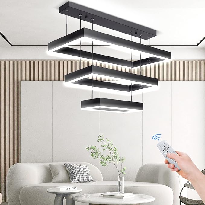 Modern 3 Rings Rectangle Chandelier for Living Room - Adjustable Height Luxury Foyer Lighting Fixture for High Ceiling, Hanging Dining Room LED Pendant Light