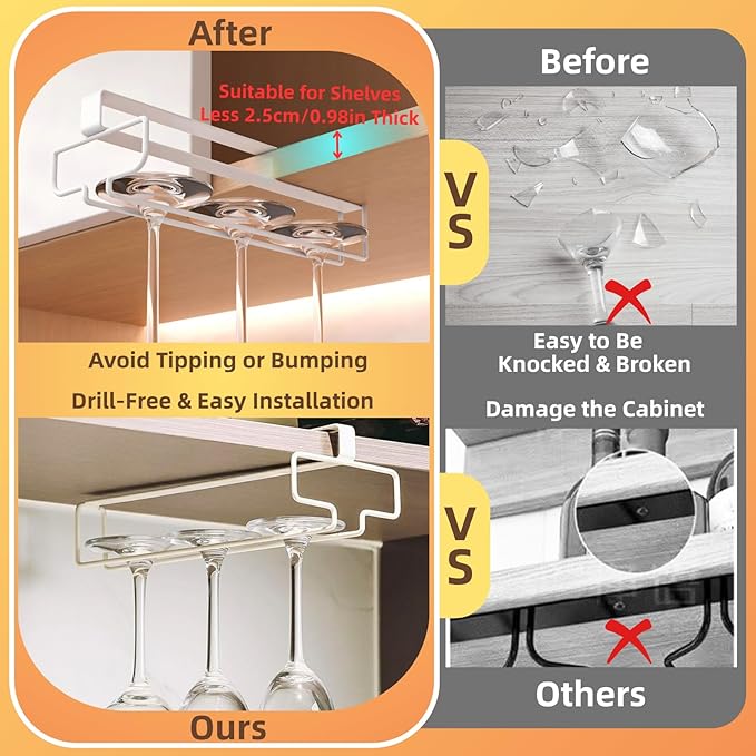 LINFIDITE 2 Pack Wine Glass Holder Stemware Rack Hanger Under Cabinet Wine Glass Rack Kitchen Hanging Storage Rack Organizer,White