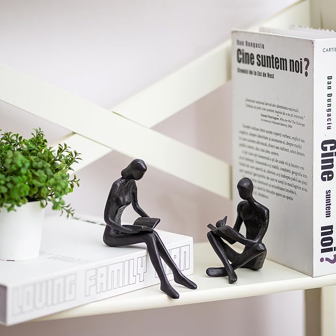 Sziqiqi Book Ends for Shelves Decorative - Cast Iron Bookends for Books Reading Couple Bookshelf Decorative Objects Metal Modern Statue Sculpture Gift for Readers Book Lovers Nerd