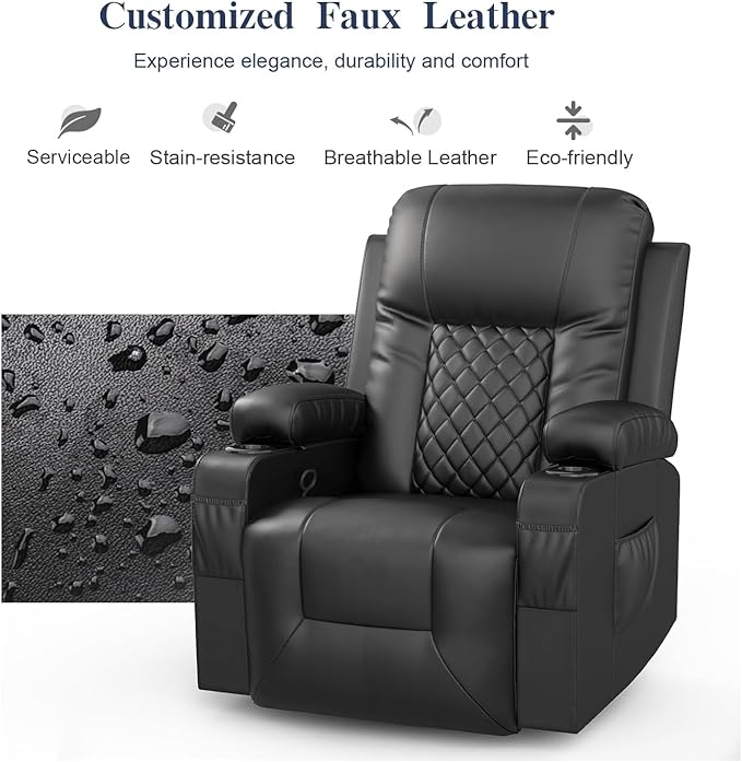 Recliner Chairs for Adults, FSC Certified Massage Rocker with Heated Modern Ergonomic Lounge 360 Degree Swivel Single Sofa Seat Living Room Lounge Recliners Black