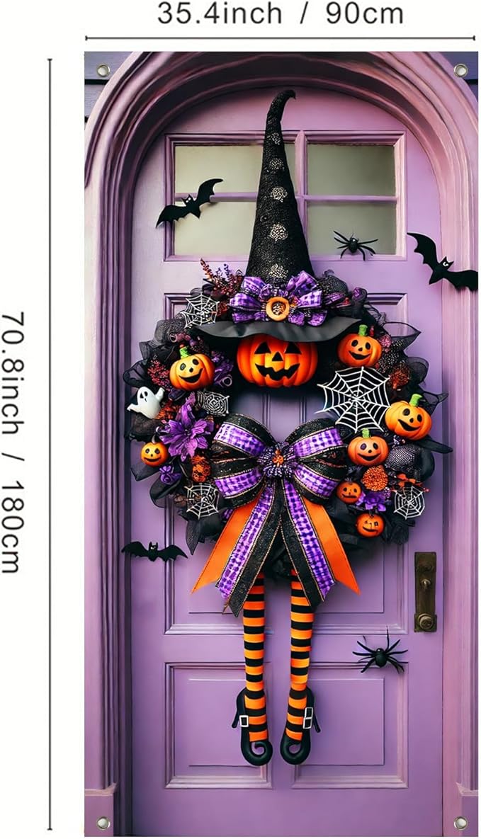 Halloween Witch Wreath Door Cover 71x35 Inch Holiday Front Porch Door Banners Decoration Purple Pumpkin Spider Web Bat Background Hanging Banner for Indoor Outdoor Spooky Party Decor