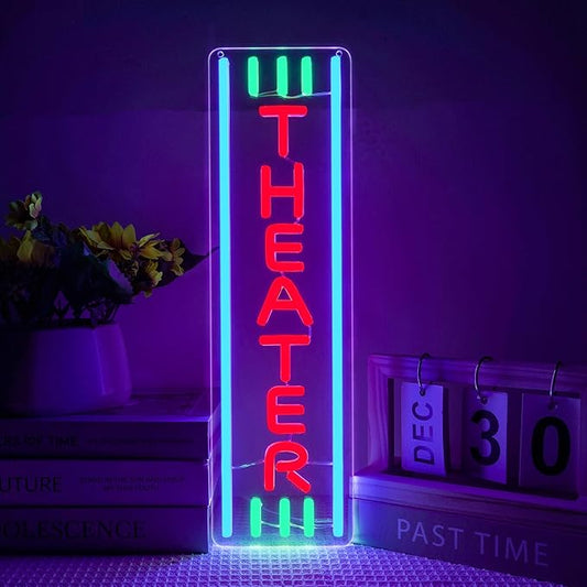 Theater Neon Sign Dimmable LED Movie Night Signs for Wall Decor Home Theater Accessories Sign Theater Room Neon Light for Movie Room Home Bar Decor Classic Cinema Style Light Gifts(16.8 * 4.8in)